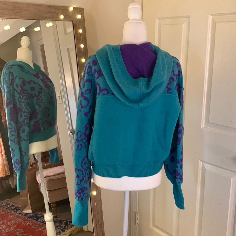 Free People Teal and Purple Floral Hooded Pullover Sweater - Picture 9 of 16